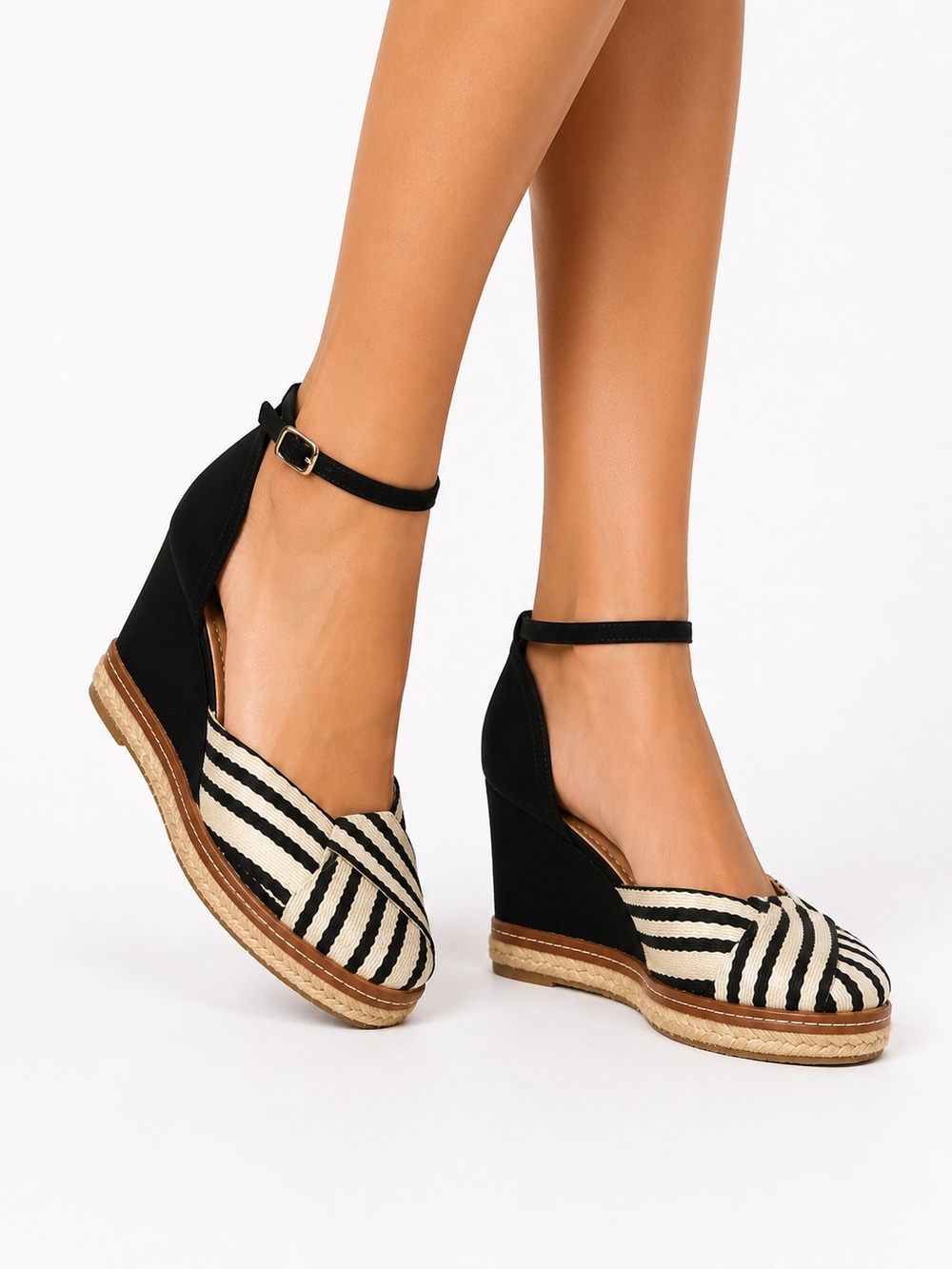 Striped Ankle-Strap Espadrille Wedge Sandals in Black and Cream